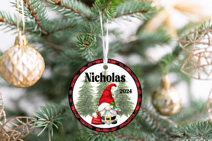 Personalized Gnome Ornament 2025 – Kids & Adults, White Background with Christmas Border