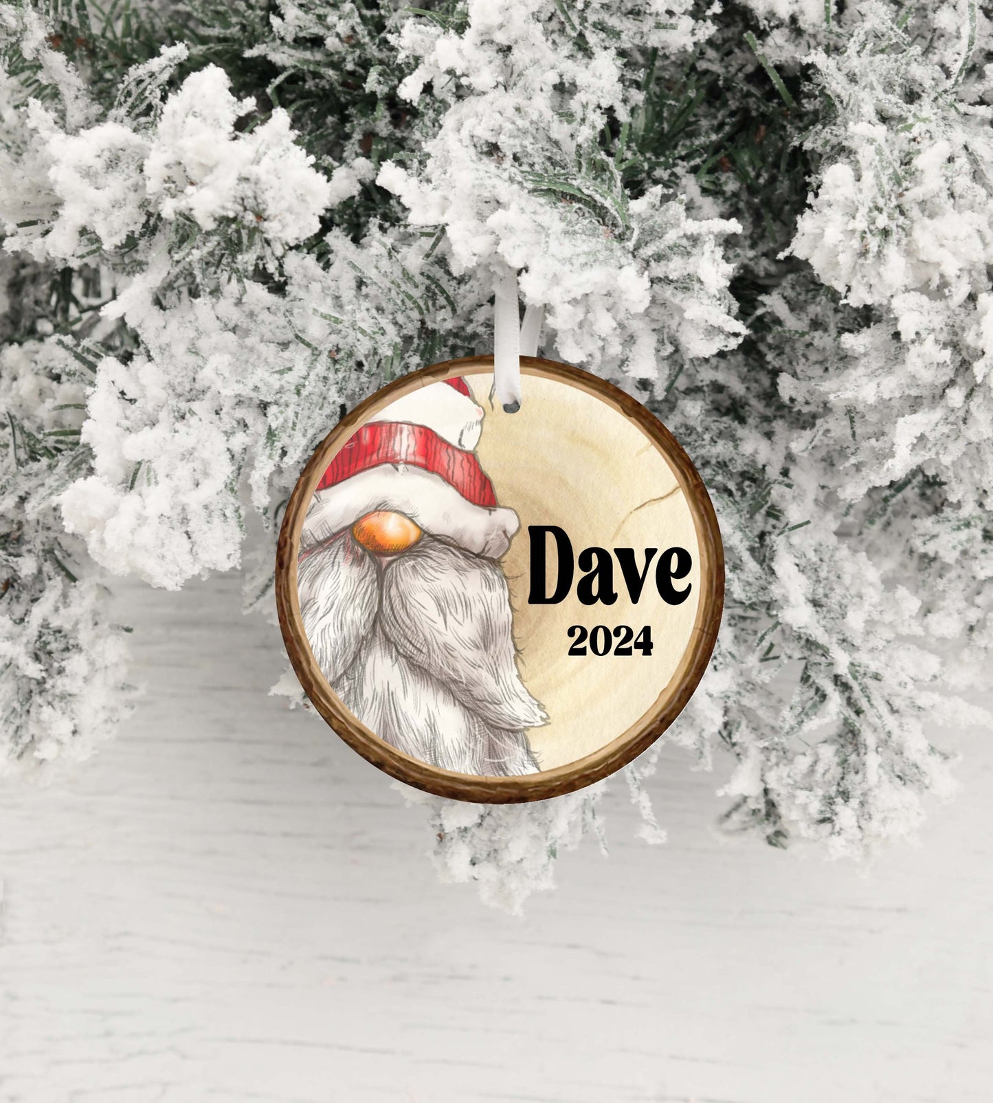 Personalized Gnome Ornament 2025 – Kids & Adults, Wood Slice Look