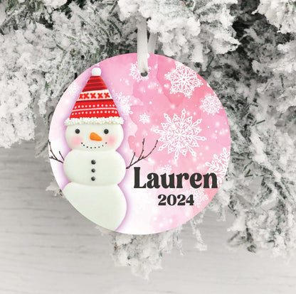 Personalized Pink Snowman Christmas Ornament- Custom Name & Year | Aluminum or Hardboard