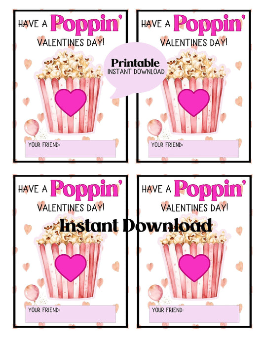 (Digital Download) Printable Valentine Card – “Have a Poppin’ Valentine’s Day” Classroom Gift for Kids