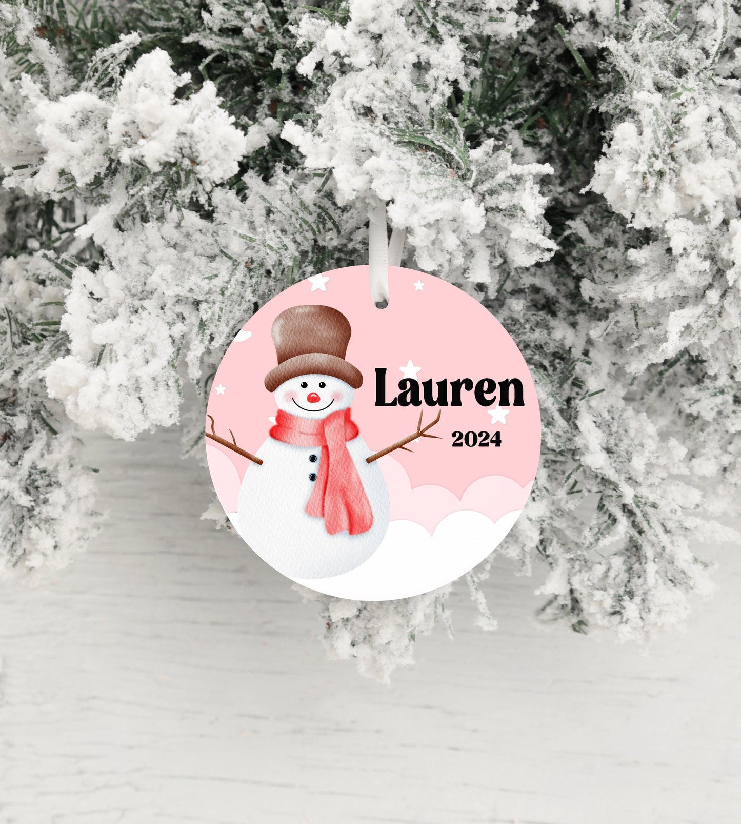 Personalized Pink Snowman Christmas Ornament- Custom Name & Year | Aluminum or Hardboard