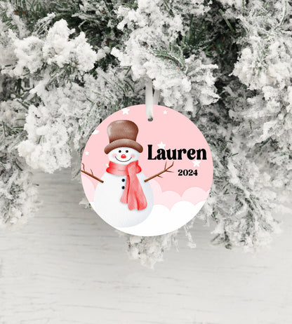 Personalized Pink Snowman Christmas Ornament- Custom Name & Year | Aluminum or Hardboard
