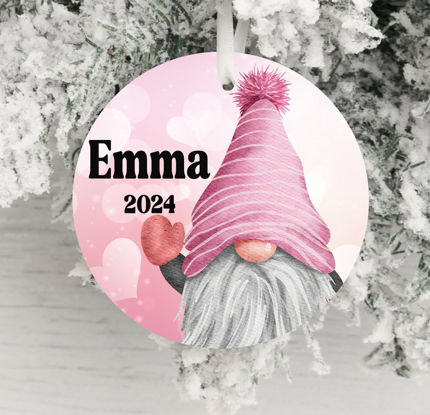 Personalized Pink Gnome Christmas Ornament- Custom Name & Year | Aluminum or Hardboard