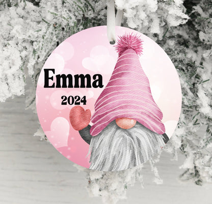 Personalized Pink Gnome Christmas Ornament- Custom Name & Year | Aluminum or Hardboard