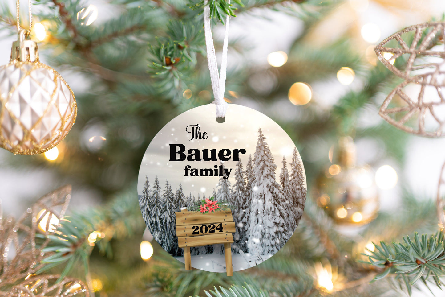 Personalized Snow Scene Family Ornament 2025 – Last Name, Forest & Nature Design
