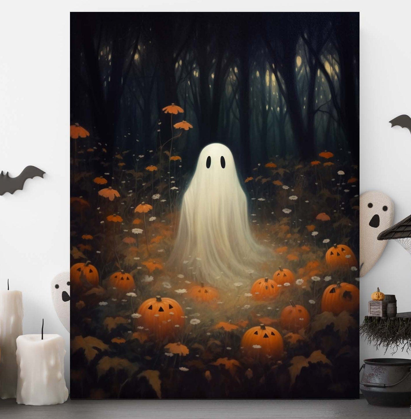 Primitive Halloween Metal Sign – Cute Ghost with Pumpkins Wall Art (Indoor & Outdoor)