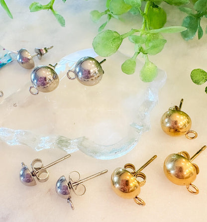 8mm & 6mm Half Ball Stainless Steel Earring Stud Posts – 18K Gold Plated or Silver – 10 Pcs Earring Findings with Loop