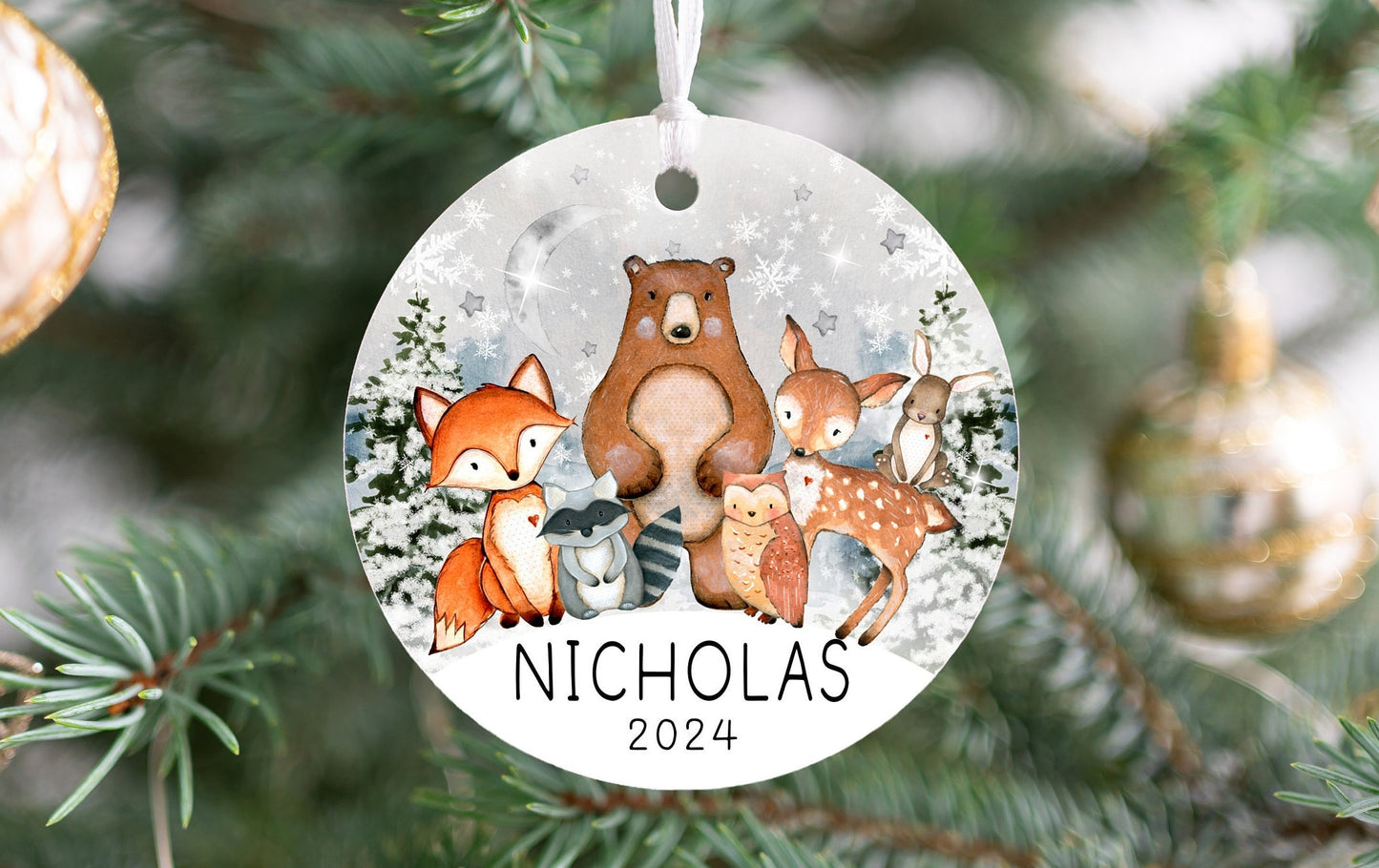Personalized Forest Animal Christmas Ornament 2025 – Woodland Animal Ornament for Kids, Gender-Neutral