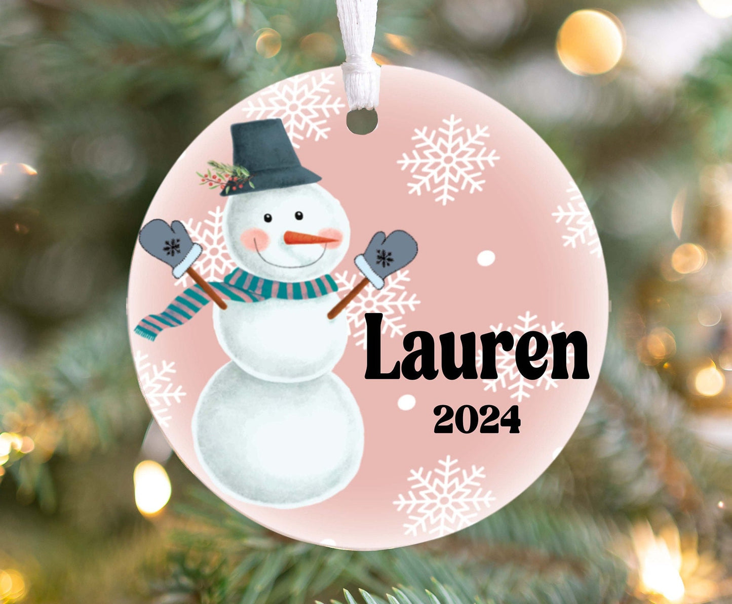Personalized Pink Snowman Christmas Ornament- Custom Name & Year | Aluminum or Hardboard