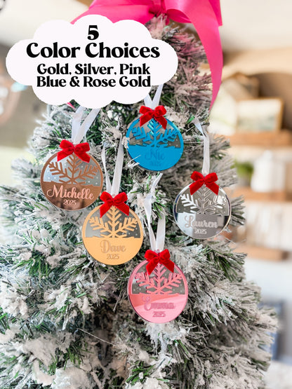 Personalized Mirror Acrylic Snowflake Ornament with Name - Custom Holiday Keepsake with Red Bow & Gift Box