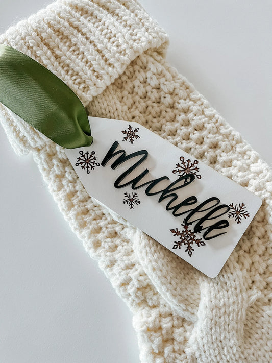 Personalized Green + White Stocking Name Tag – Custom 3D Christmas Decor