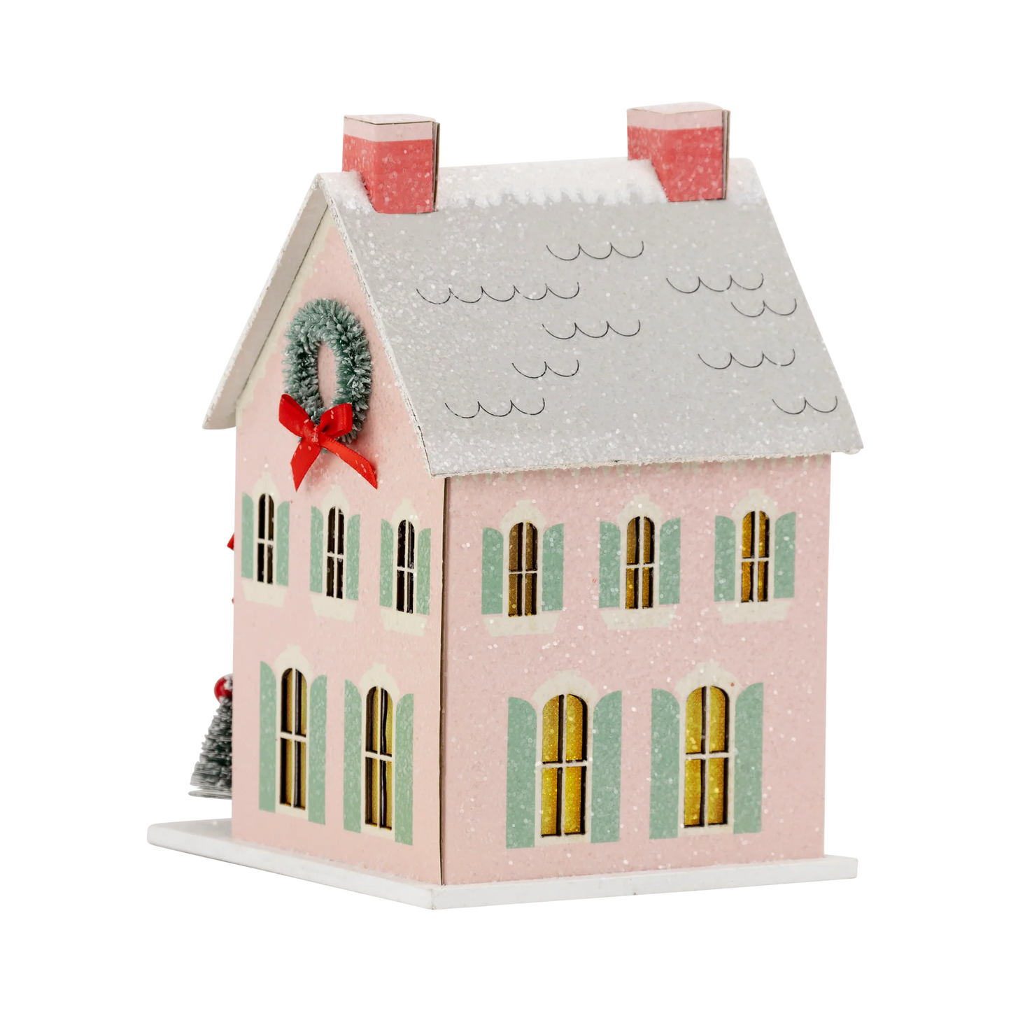 Light Up Christmas Village House - Merry House Glitter Holiday Decoration | Pink Christmas Village Decor