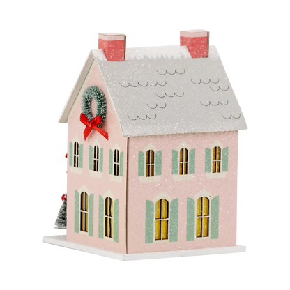 Light Up Christmas Village House - Merry House Glitter Holiday Decoration | Pink Christmas Village Decor
