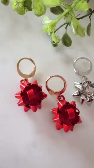 Christmas Bow Dangle Earrings - 18K Gold Plated or Stainless Steel Christmas Earrings | Holiday Jewelry Gift