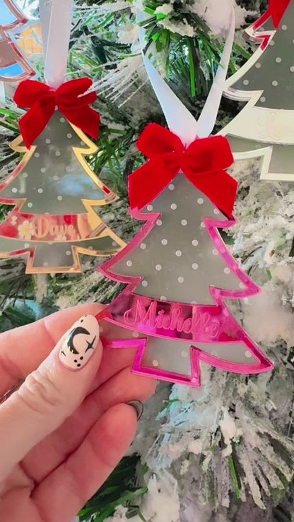 Personalized Mirror Acrylic Christmas Tree Ornament with Name - Custom Holiday Keepsake with Red Bow & Gift Box