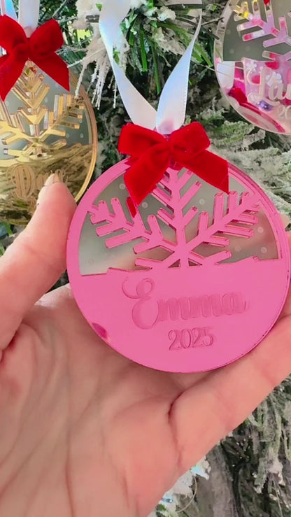 Personalized Mirror Acrylic Snowflake Ornament with Name - Custom Holiday Keepsake with Red Bow & Gift Box
