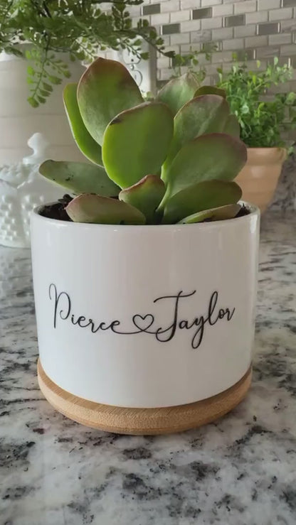 Custom Ceramic Planter – Personalized Succulent Pot with Bamboo Base