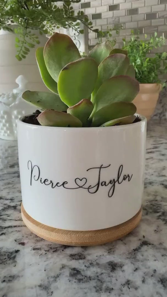 Custom Ceramic Planter – Personalized Succulent Pot with Bamboo Base