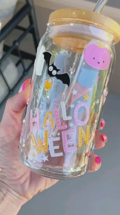 Pink Halloween Iced Coffee Glass – Cute Retro Pastel Ghost & Pumpkin Cup with Bamboo Lid