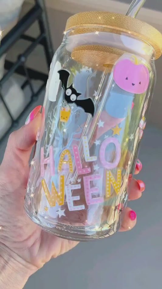 (Digital Download) Retro Pink Halloween Can Wrap PNG – Pumpkin 16oz Libbey Glass Tumbler Sublimation Design