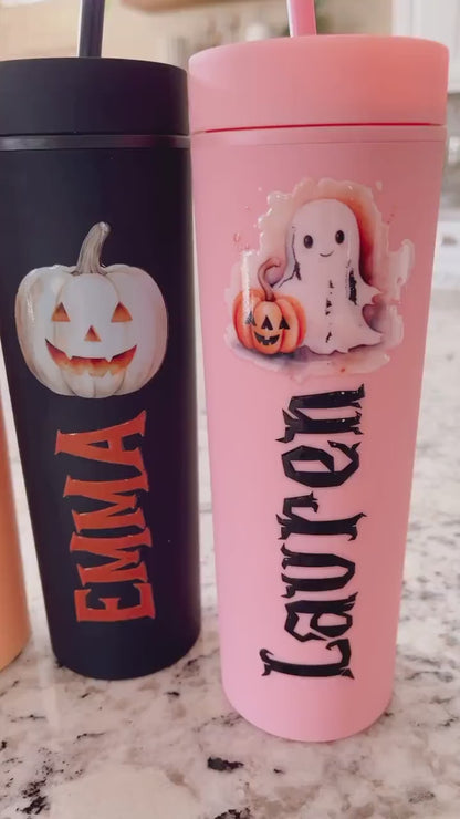 Personalized Halloween Tumbler with Straw – Custom Skinny Matte Pastel Cups, Party Favors