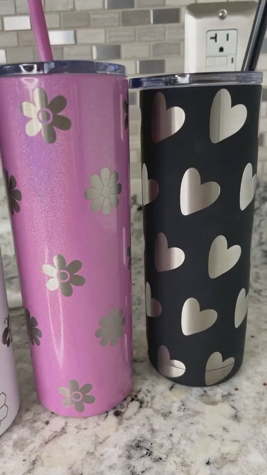 Personalized 20 oz Tumbler – Laser Engraved Skinny Tumbler with Lid & Straw, Custom Cherry, Daisy, Bumblebee & Butterfly Designs