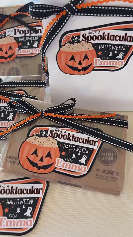 Halloween Popcorn Stickers – Personalized “Have a Spooktacular Halloween” Labels for Kids, Classroom, or Party Favors