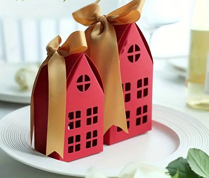 House-Shaped Paper Gift Box with Ribbon - Red or Green | Optional Personalized Wood Tag