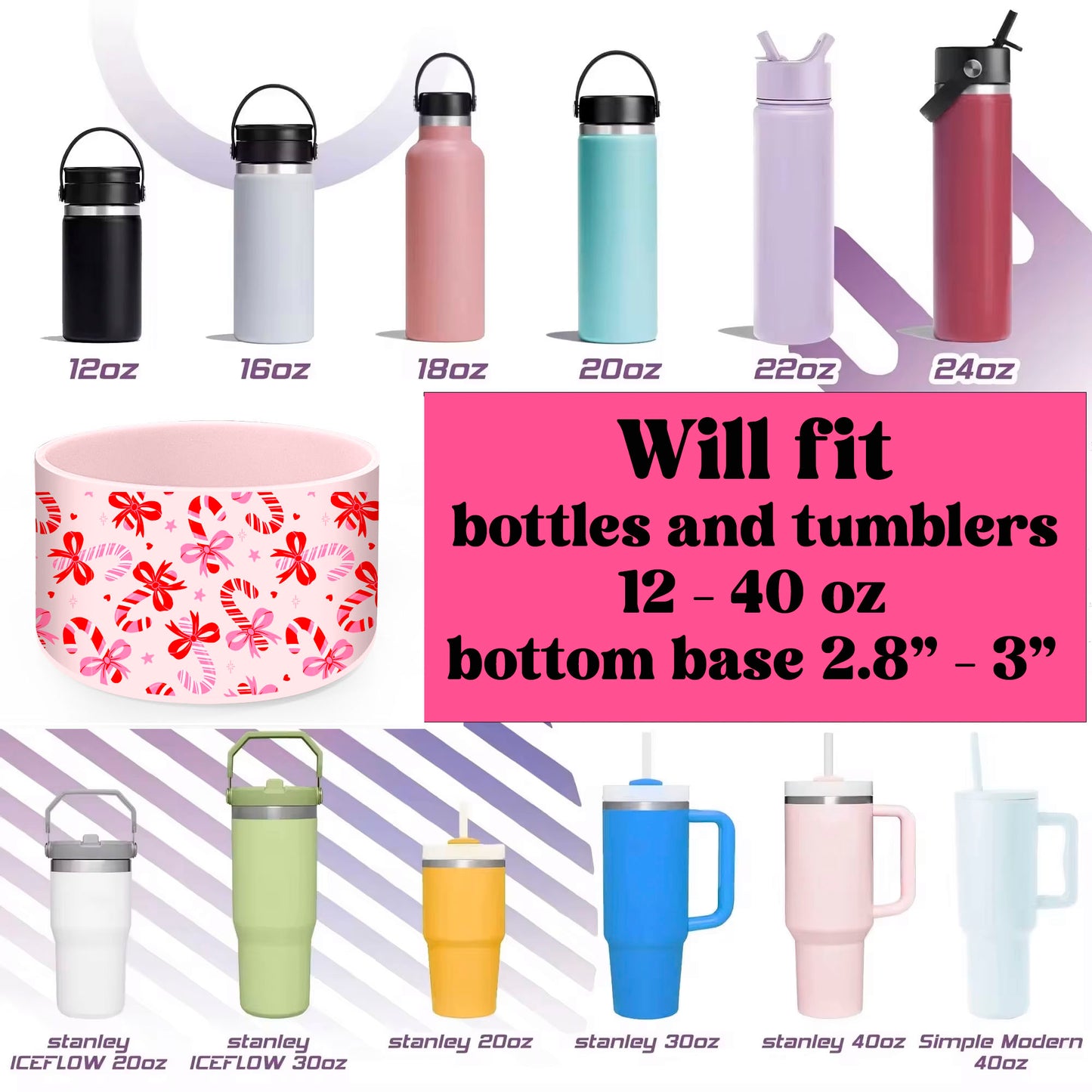 Pink Candy Cane Tumbler Boot - BPA - Free Silicone Cup Protector | Fits 20/30/40oz Tumblers | Holiday Cup Accessory